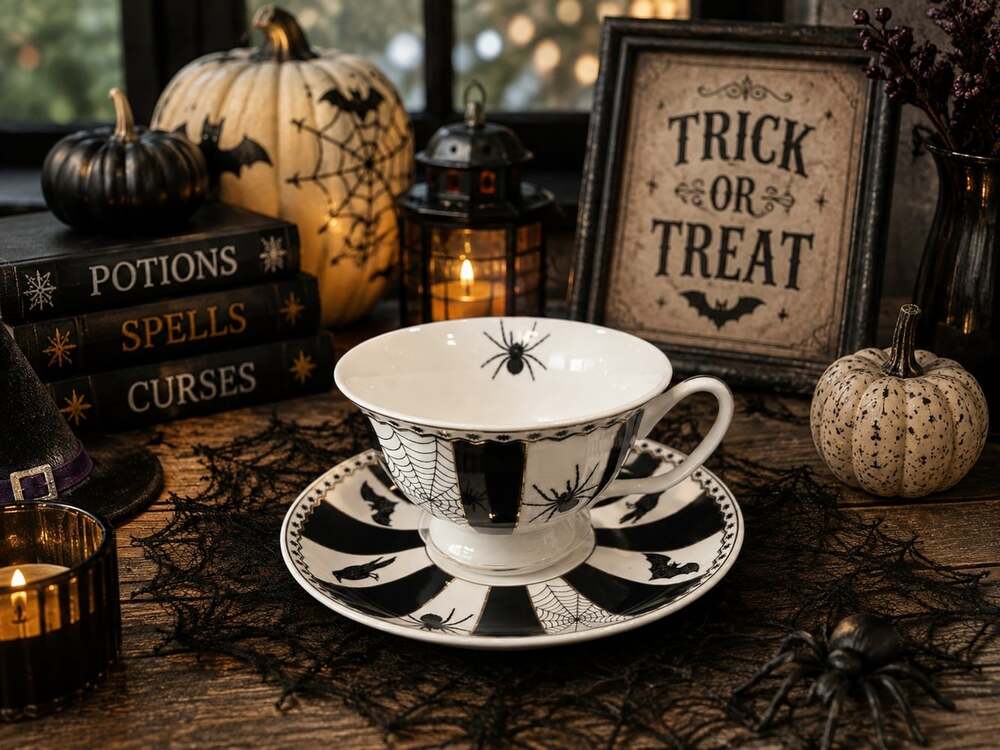 New Halloween Bat & Spider Web Gold / Black Tea Cup & Saucer Gothic Tea Set